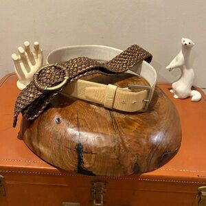 Bundle of (2) Vintage Belts Patent Cowhide Woven Bronze Metallic 60s 70s 80s